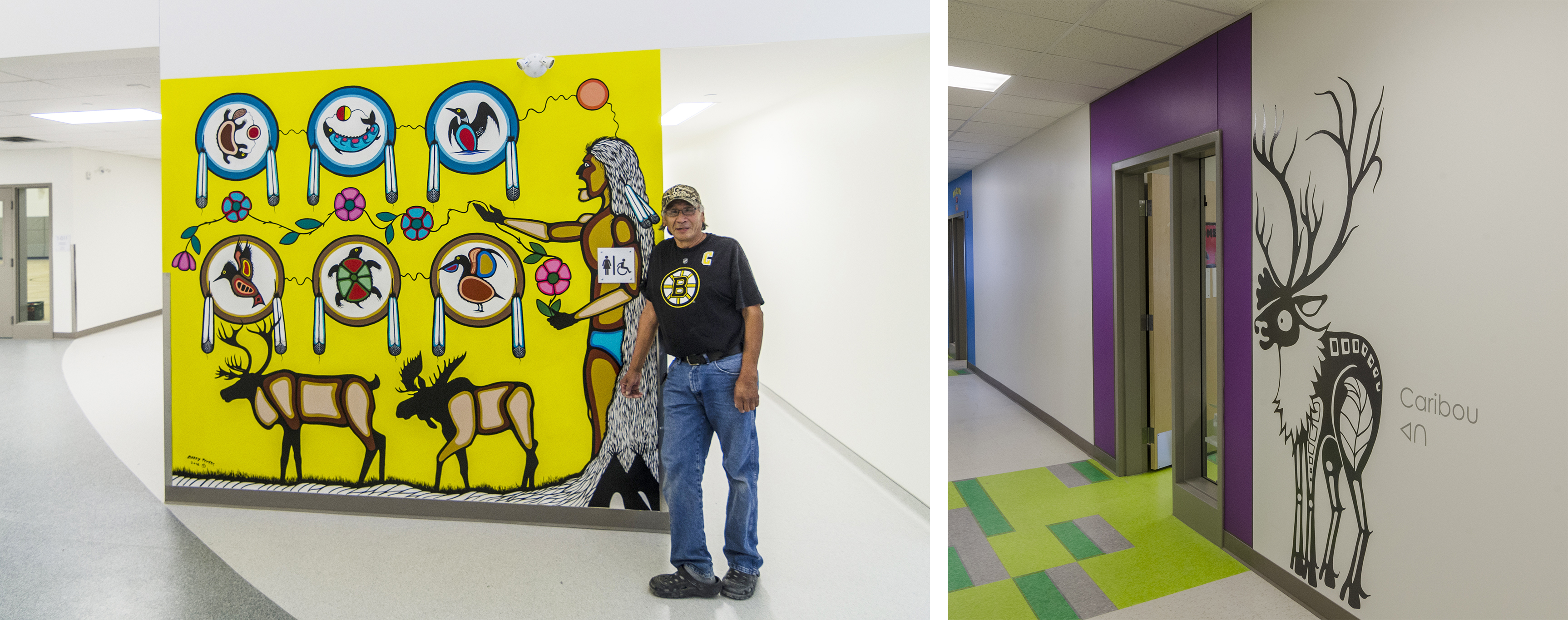 Left: Artist standing next to a colourful wall mural depicting a variety of Canadian fauna. Right: Doorway to a children's classroom with colourful floor tiles and a stylized wall graphic of a caribou.