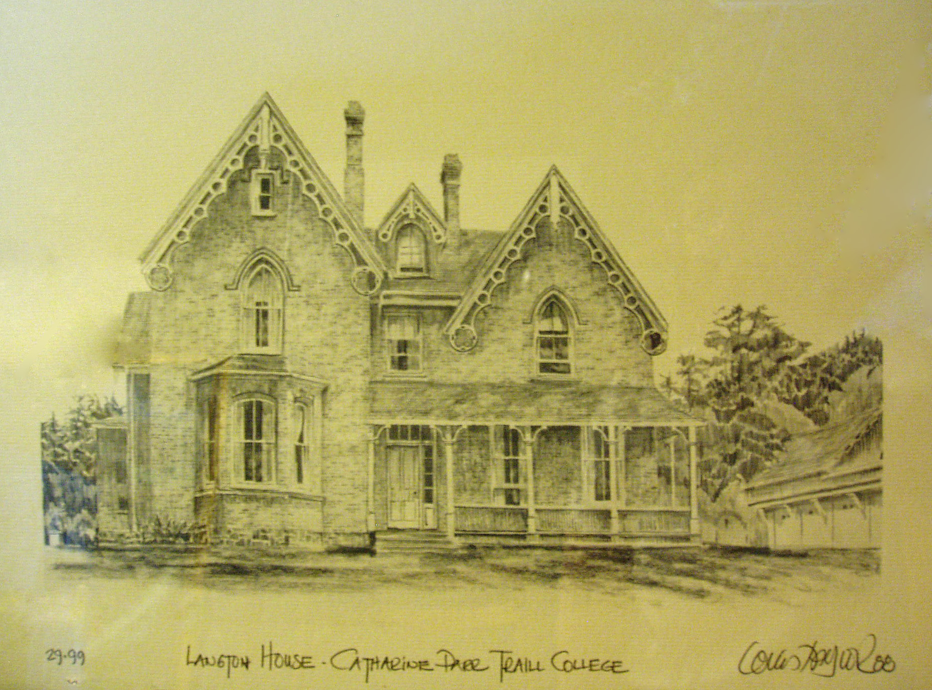 Historic artist's sketch of the front elevation of Dumble-Langton House, showing multiple gable roofs, a front porch, and decorative elements in the Gothic Revival style.