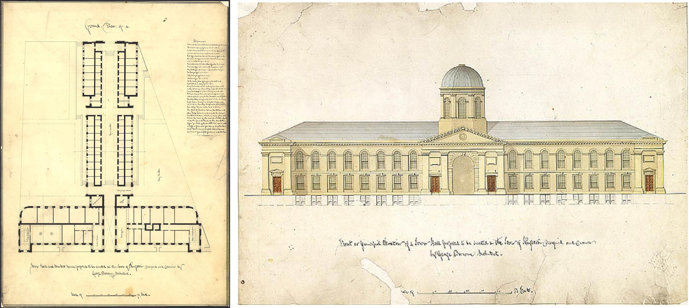Left: Historic plan drawing showing the original long market hall. Right: Historic front elevation drawing that does not include a clock on the central dome.