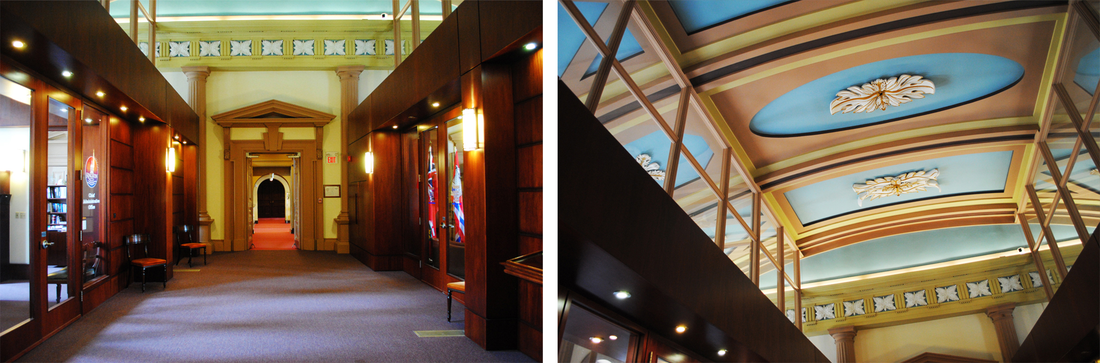 Left: Interior of municipal offices with small wood portico leading to an enfilade beyond. Right: Ceiling detail of the municpal offices showing painted orange and blue coffers with plant-form ornaments. 