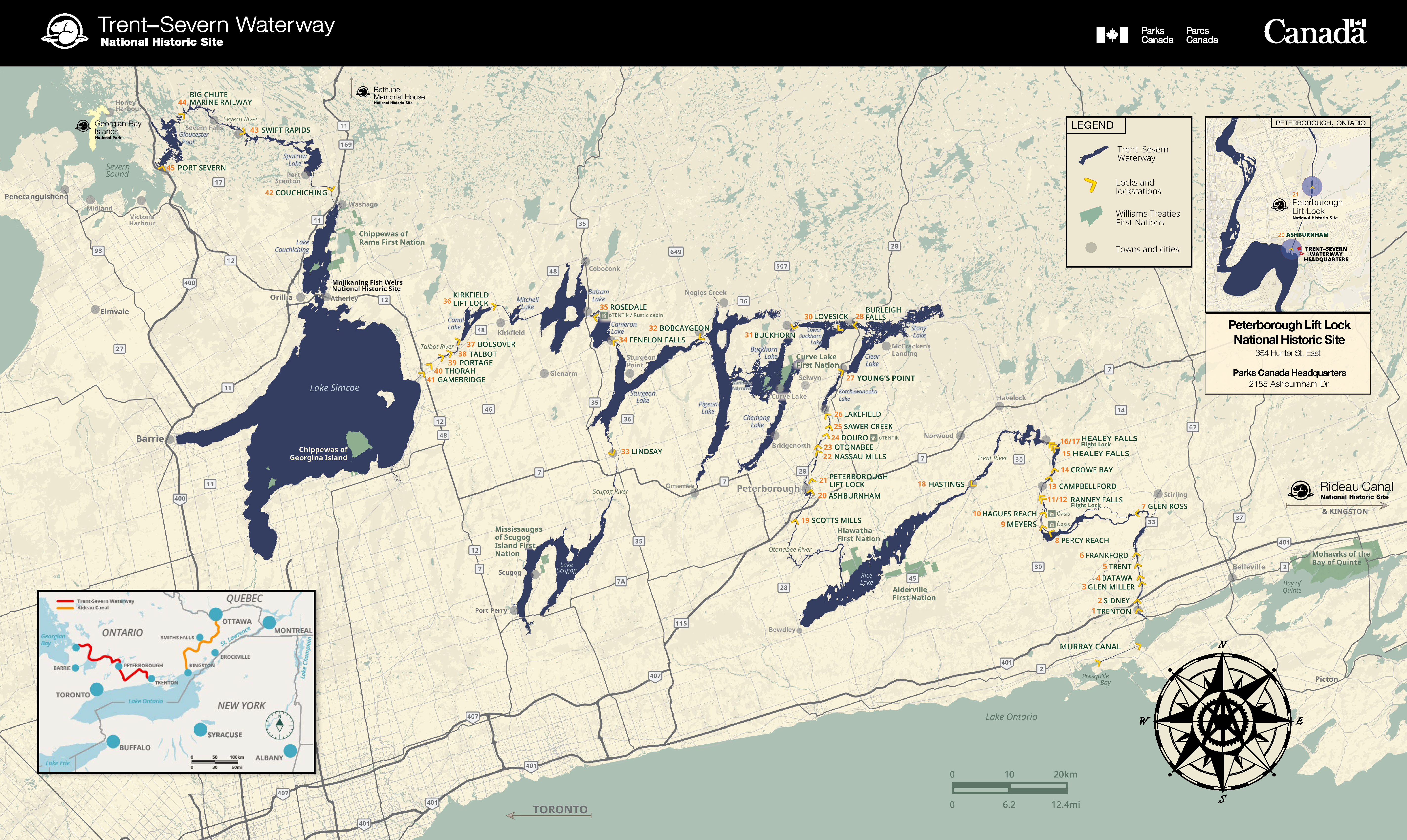 Colour map of Trent—Severn waterway showing locations of locks and lockstations.