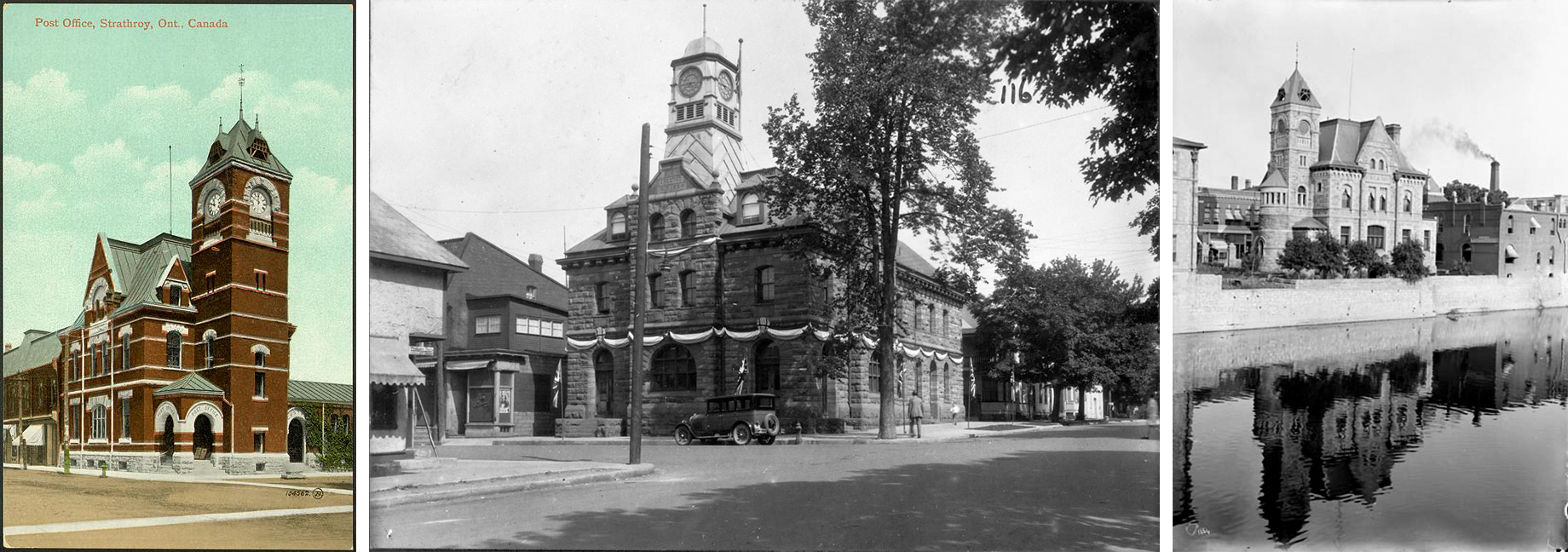 Side-by-side comparison of three images of similar post offices. Left: Old Strathroy Post Office. Middle: Smith Falls Post Office, a three-storey stone building with a central clock tower. Right: Galt Post Office, a three storey stone building with a clock tower on the left. It is located next to a canal.