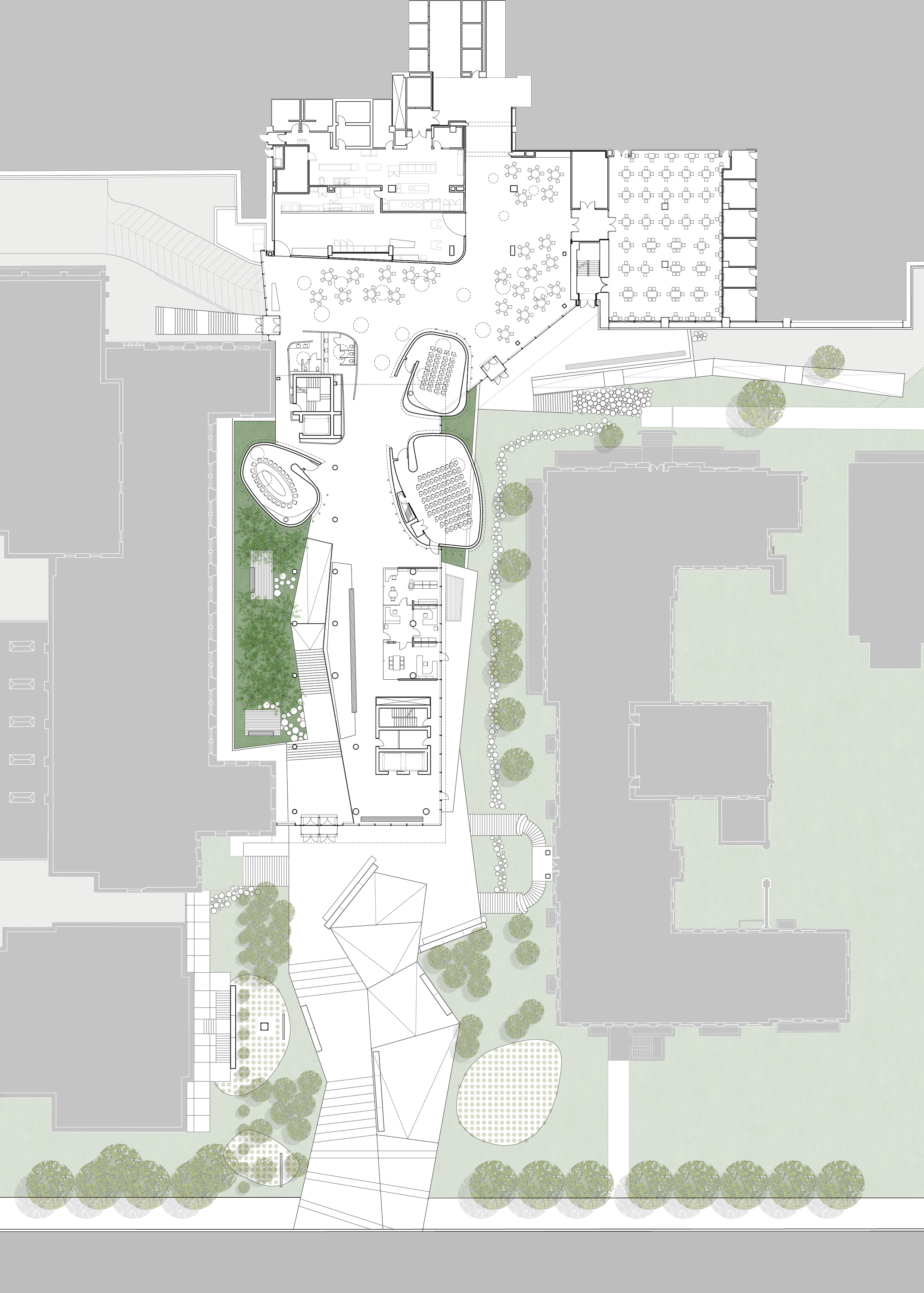 A plan diagram of the ground floor showing organic-shaped lecture halls, indoor gardens, and walkways to the street and other buildings.								