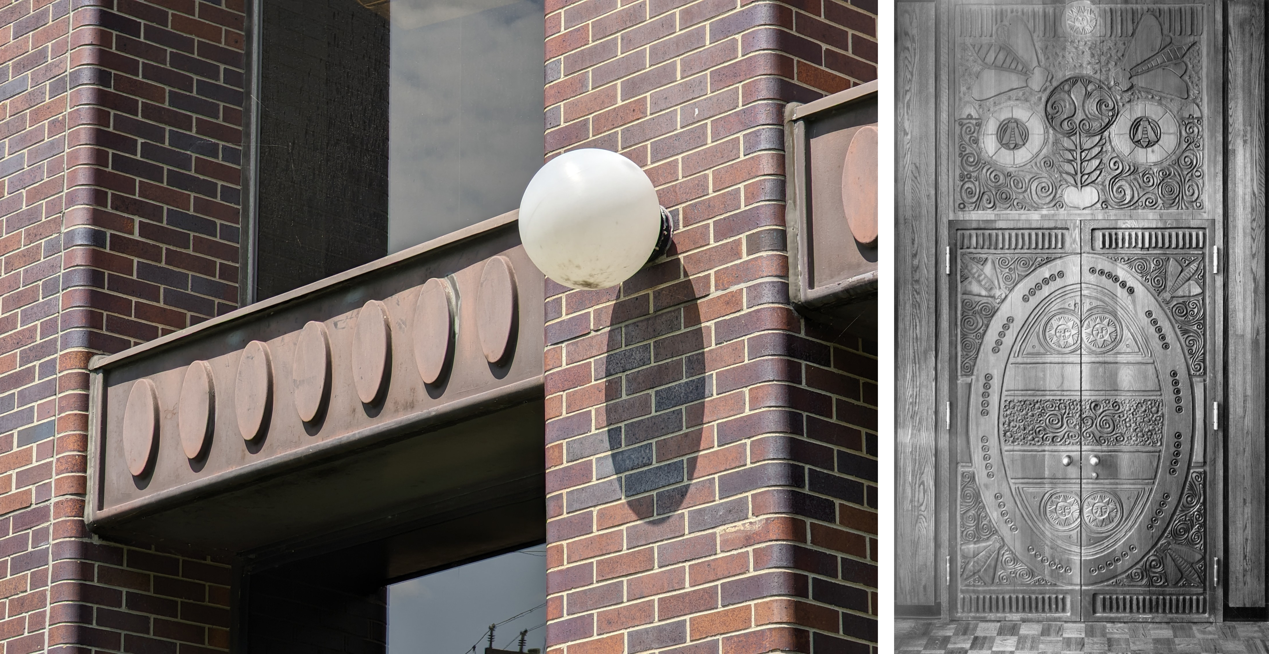 Left: Close-up of building exterior showing rounded brown brick, window spandrels with oval ornament, and a spherical light fixture. Right: Black and white photograph of a large pair of highly detailed carved wood door. The carvings comprise of a large, central oval with decoration and imagery of the sun, plants, swirls, and bees.																			