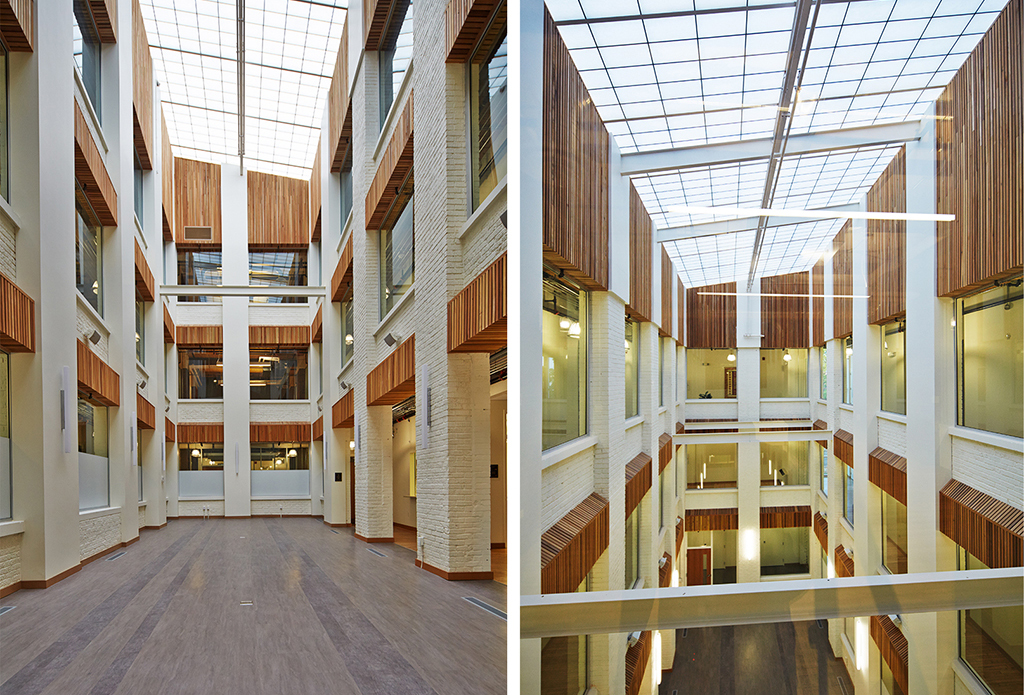 A composite of two interior views of a multi-story atrium with a translucent ceiling, allowing natural light to fill the space. The walls are white with wooden accents around the windows and along the upper sections of the floors. The floors are finished with light wood, and the overall design is modern and open, with clean lines and a bright atmosphere.