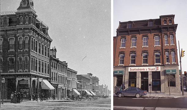 Composite image showing a historic building on the corner of a street in two different time periods. The left side shows a black and white photo of the building from the 19th century. The right side shows a more recent color photo of the same building, now housing a Scotiabank & Trust branch and missing its tower.