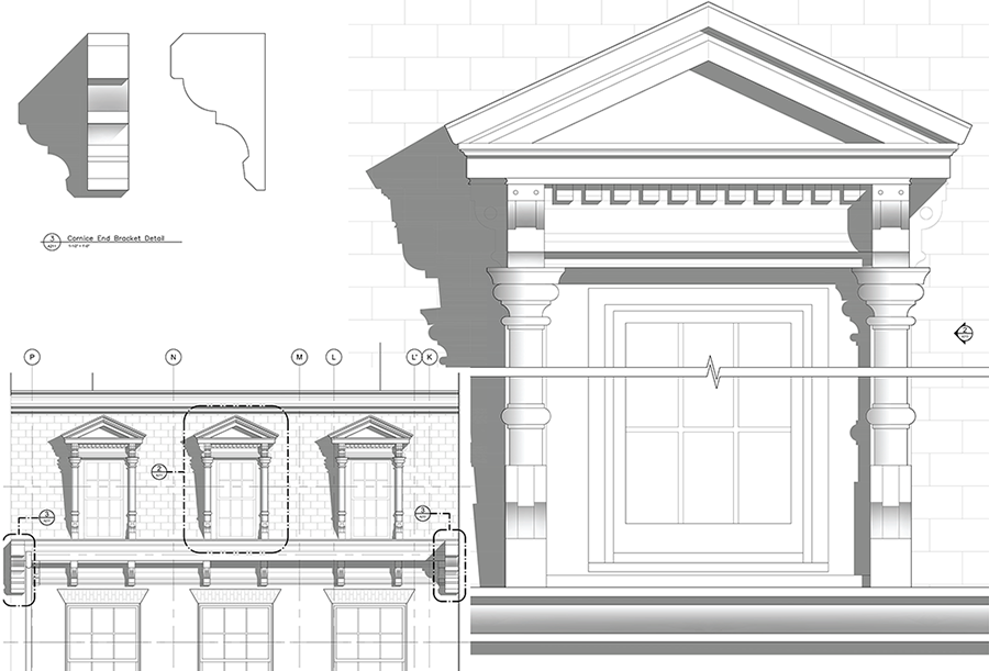 Black and white architectural line drawing showing various views of historic details used in the restoration of the building.