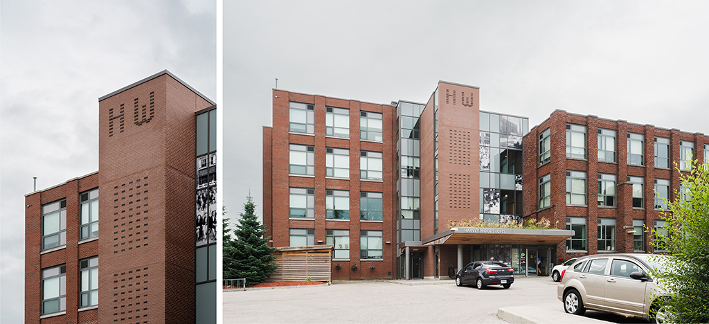 Exterior view of a renovated brick building with large windows and a modern entrance. The building features a vertical brick tower with perforated patterns forming the initials ‘HW.’ The right side image shows the full front facade of the building, including a glass section with black and white historical photos.