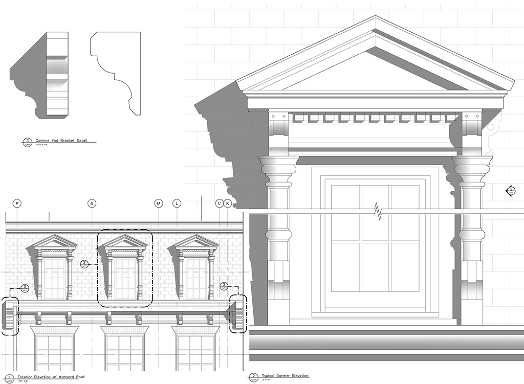 Black and white architectural line drawing showing various views of historic details used in the restoration of the building.