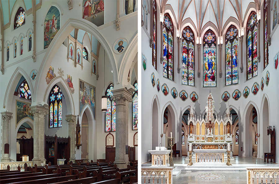 Restored interiors of the basilica, showcasing stone walls, archways, and modern lighting elements.