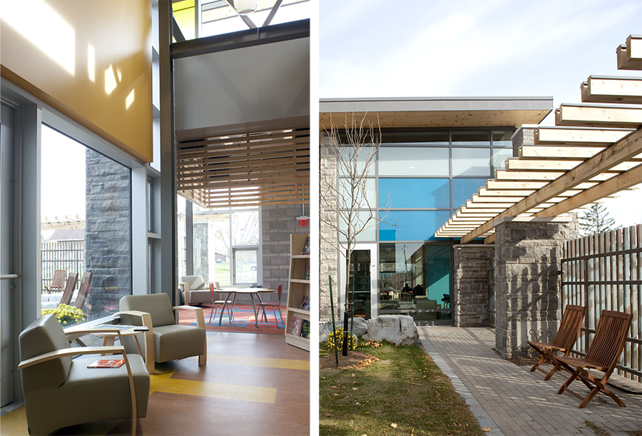 Left: A light-filled interior with modern armchairs, warm materials, and large windows. Right: View of a protected courtyard with wooden pergola, greenery, and outdoor seating.