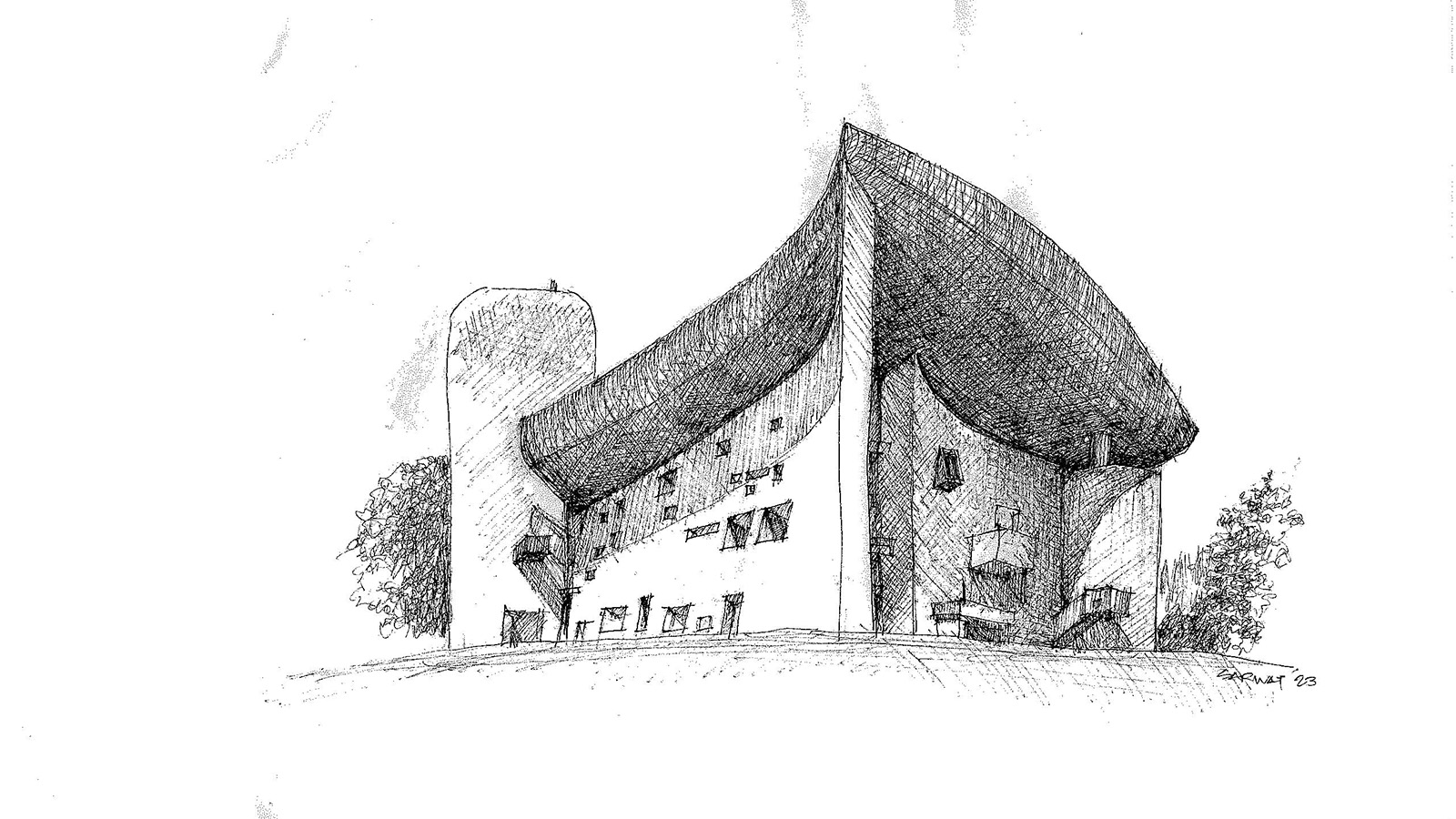 Sketch of Le Corbusier's Ronchamp chapel by Sarwat Ahmed